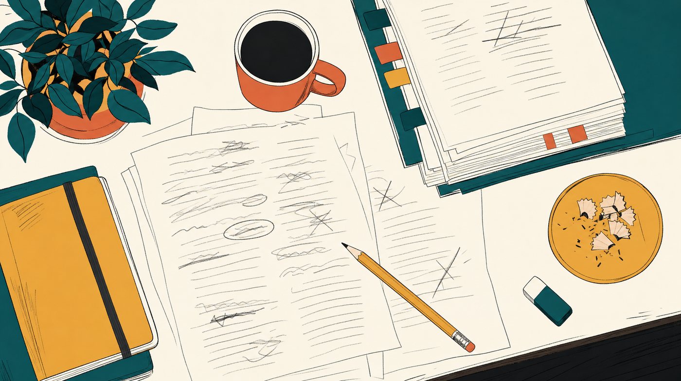 A desk mid-edit: a manuscript with pencil marks, a stack of proofs and a mug, nobody in the chair