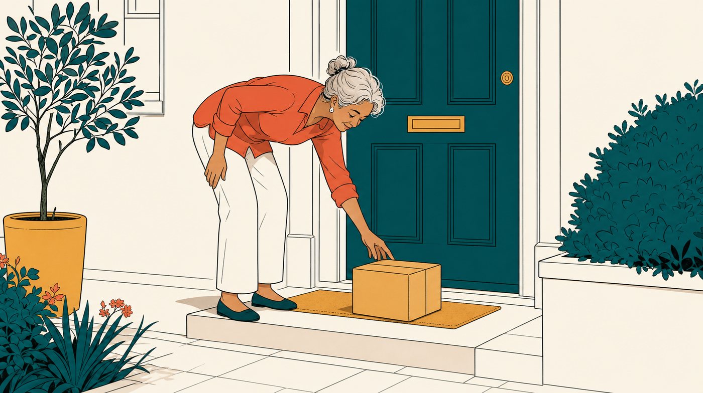 A wrapped parcel on a doorstep with a hand reaching for it, a letterbox and a mat behind