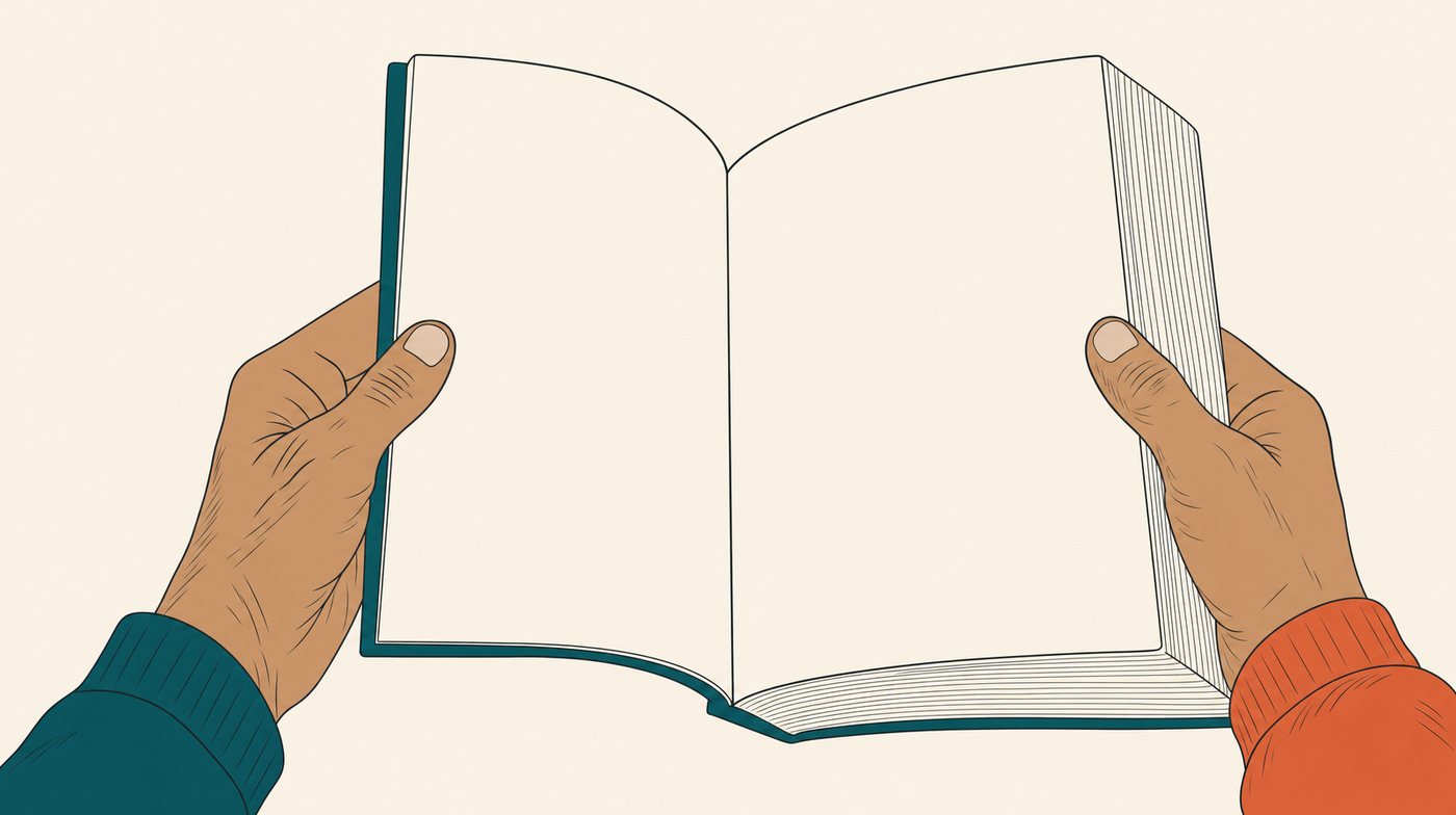 A paperback held open at its first page, thumb holding it flat, the rest of the book still to come