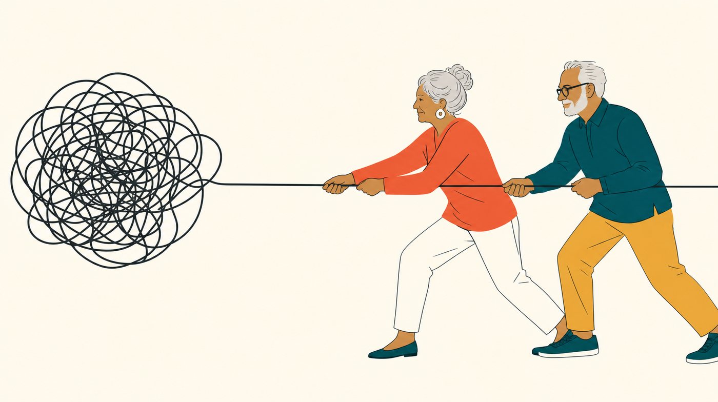 Two older people pulling a tangled knot of line out into one straight stroke