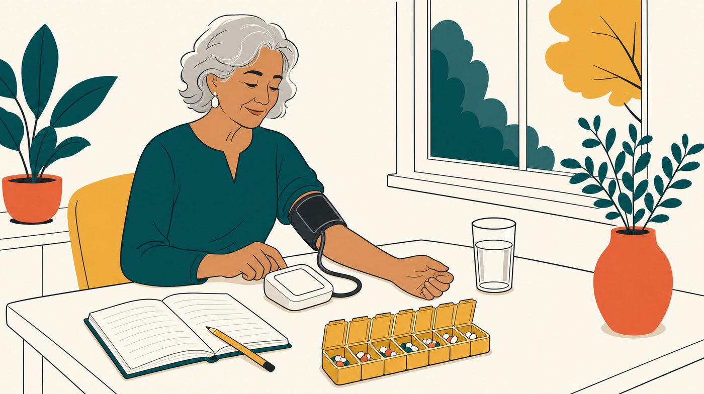 A table by a window with a home blood-pressure cuff, an open weekly pill organiser, a glass of water and a notebook
