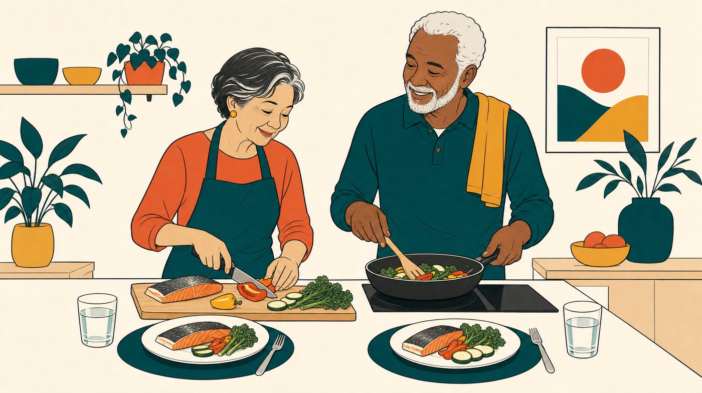 A kitchen counter laid for two: two plates, a pan, a chopping board of vegetables and fish, and two glasses of water