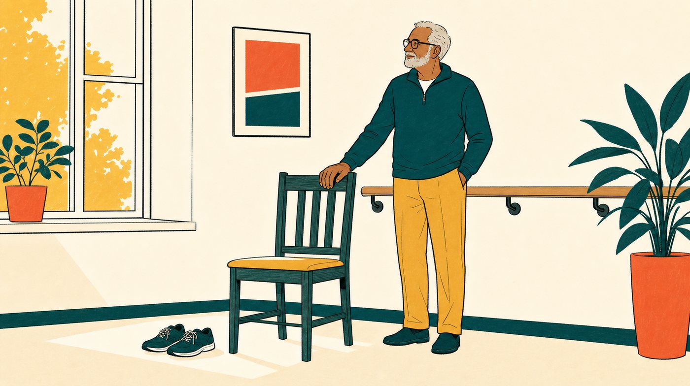 A sturdy dining chair with a hand on its back, walking shoes beside it and a handrail on the wall behind