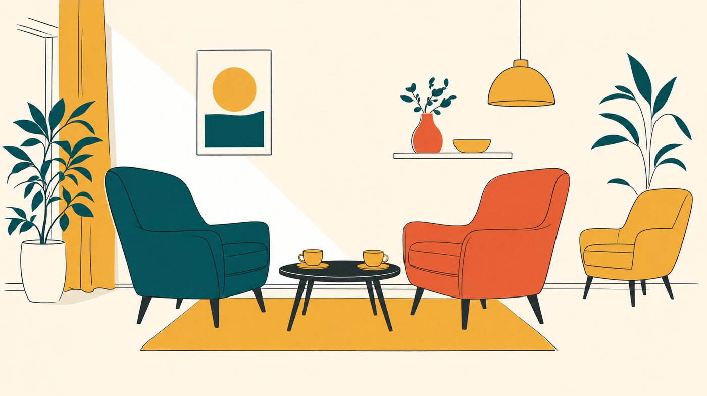 Two armchairs turned towards each other with two cups between them, and a third chair further off