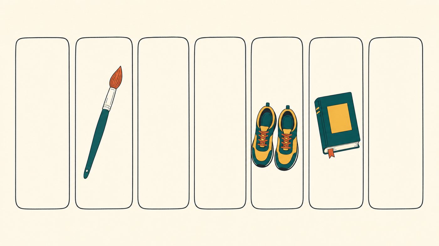 A week as seven empty panels with a paintbrush, walking shoes and a library book placed in three of them