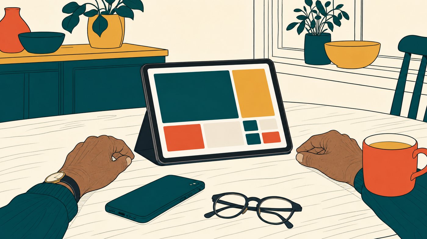 A tablet propped on a kitchen table beside a face-down phone, a cup of tea and reading glasses, with calm hands either side