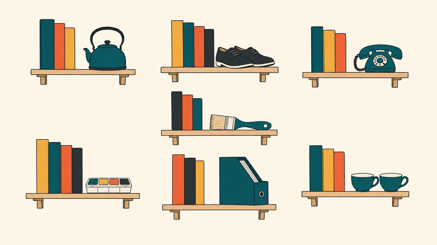 Seven short shelves on a wall at different heights, each with a few books and one everyday object