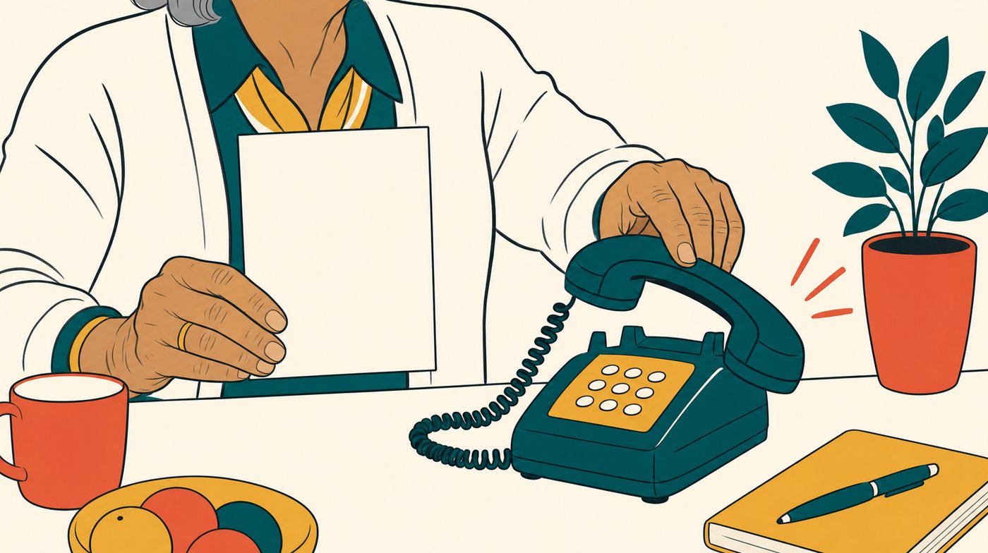 A hand holding a small printed card steady beside a ringing telephone, the other hand already reaching to hang up