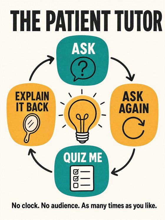 An older adult using a tablet to turn a practical question into a clear answer, with simple visual cues for question, refinement, and verification.