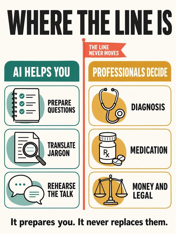 An older adult preparing questions and a concise information sheet before a medical appointment, without diagnostic imagery.