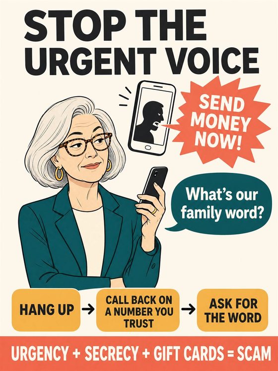 An older adult pausing before acting on a suspicious call or message and independently verifying through a trusted second channel.