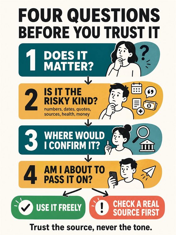An older adult working through the practical decision represented by “how to check an answer before you trust it,” using a clear sequence, supportive environment, and realistic everyday tools.