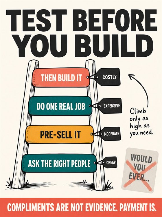 An older adult working through the practical decision represented by “test the idea before you build it,” using a clear sequence, supportive environment, and realistic everyday tools.
