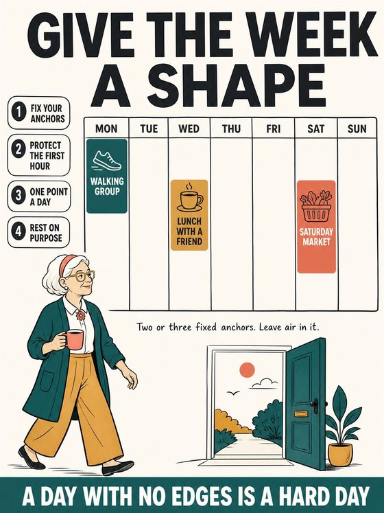 An older adult working through the practical decision represented by “build a week that gives shape to your life,” using a clear sequence, supportive environment, and realistic everyday tools.