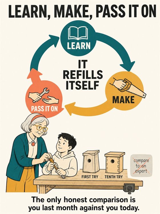 An older adult practicing a new skill in short focused sessions, with progress visible across several attempts.