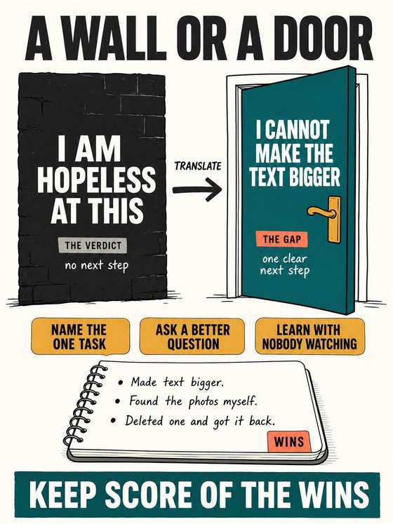 An older adult working through the practical decision represented by “you are not bad at technology,” using a clear sequence, supportive environment, and realistic everyday tools.