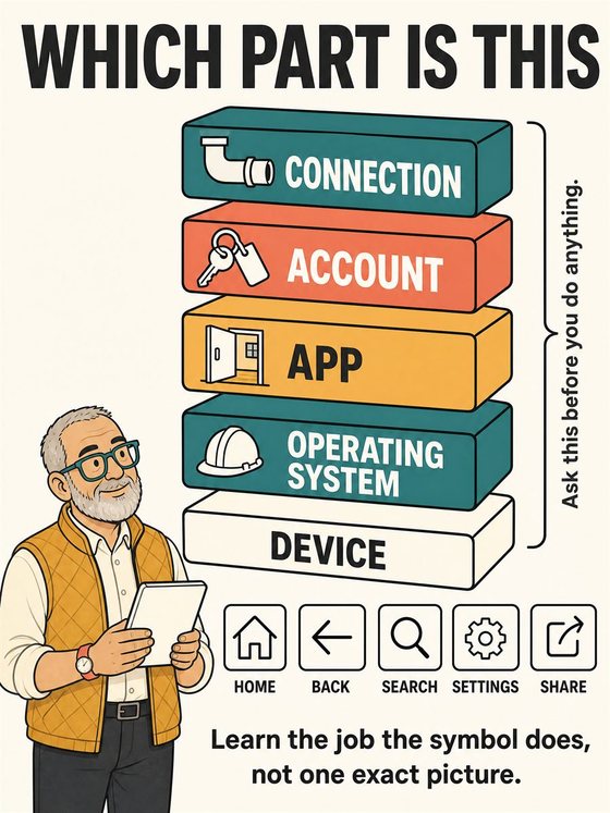 An older adult working through the practical decision represented by “the map of a device,” using a clear sequence, supportive environment, and realistic everyday tools.