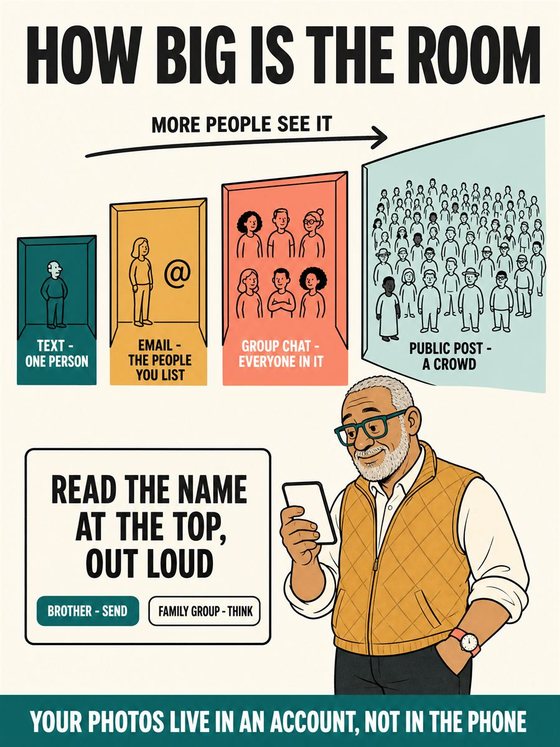 An older adult sharing photos and joining a friendly family video call on a phone or tablet.