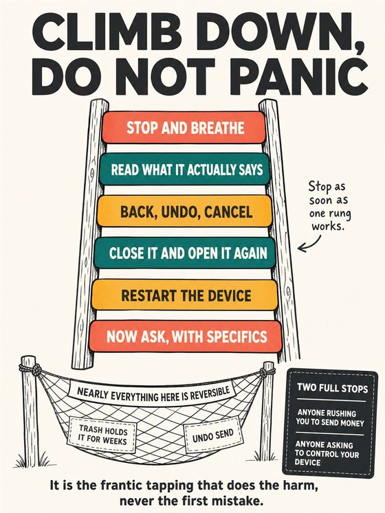 An older adult calmly retracing steps on a device, using back, undo, and help cues rather than showing distress.