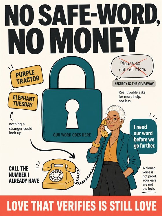 An older adult pausing before acting on a suspicious call or message and independently verifying through a trusted second channel.