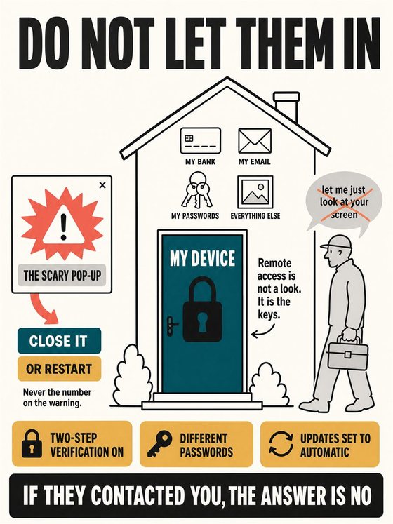 An older adult pausing before acting on a suspicious call or message and independently verifying through a trusted second channel.