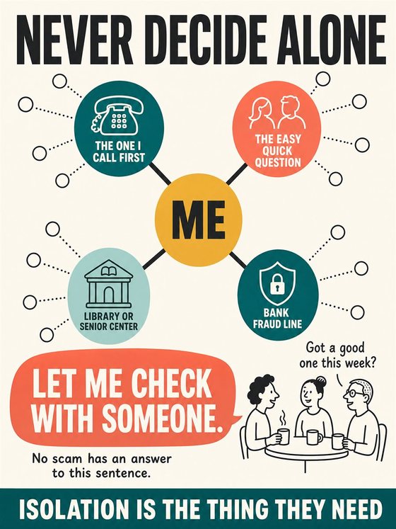 An older adult working through the practical decision represented by “build a personal verification network,” using a clear sequence, supportive environment, and realistic everyday tools.