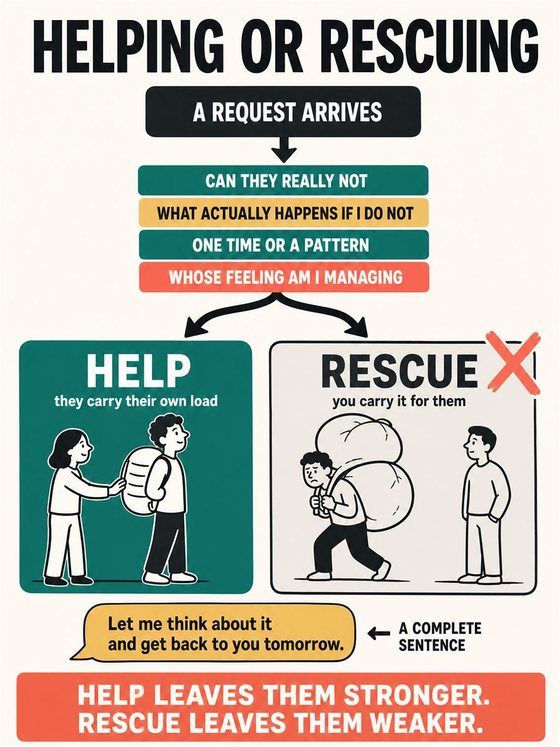 An older adult working through the practical decision represented by “help, rescue, and enabling,” using a clear sequence, supportive environment, and realistic everyday tools.
