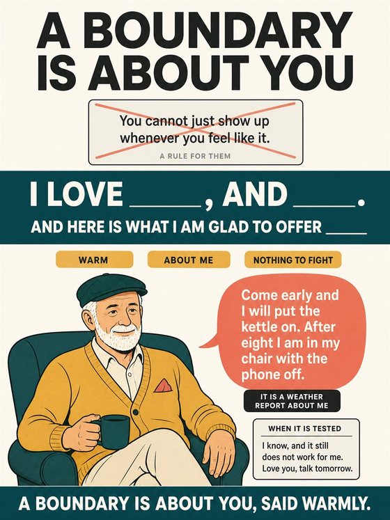An older adult working through the practical decision represented by “boundaries that can be understood,” using a clear sequence, supportive environment, and realistic everyday tools.