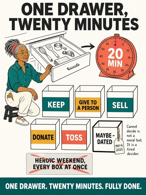 An older adult moving through a simple repeatable household routine with three clear stages.