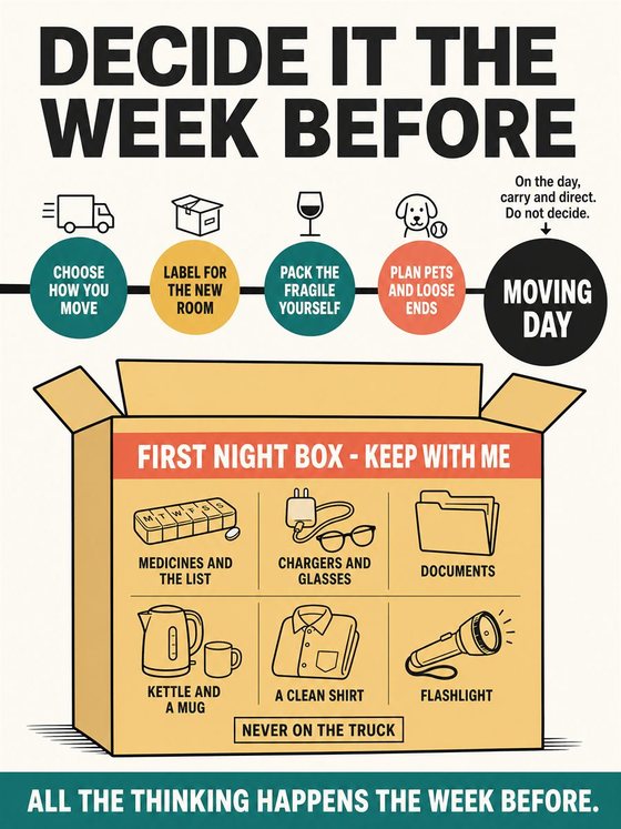 An older adult sorting possessions into keep, share, sell, donate, and release categories in a bright uncluttered room.
