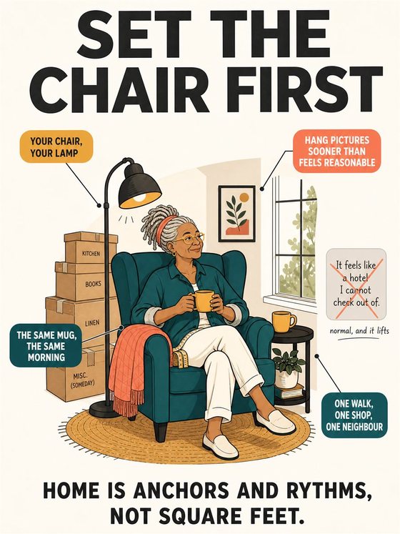 An older adult sorting possessions into keep, share, sell, donate, and release categories in a bright uncluttered room.