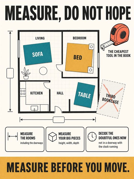 An older adult sorting possessions into keep, share, sell, donate, and release categories in a bright uncluttered room.