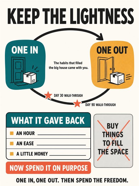 An older adult sorting possessions into keep, share, sell, donate, and release categories in a bright uncluttered room.
