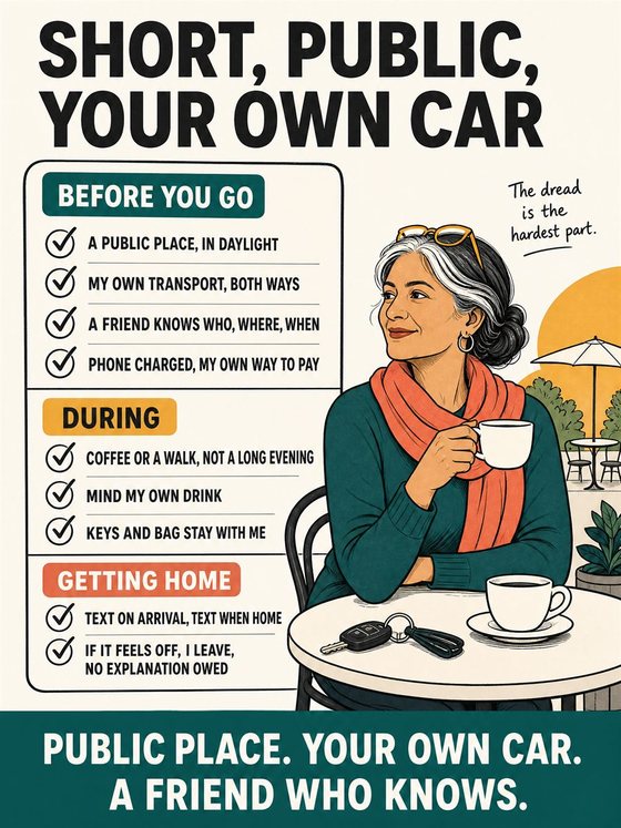 Older adults meeting safely in a public setting with confidence, warmth, and mutual respect.