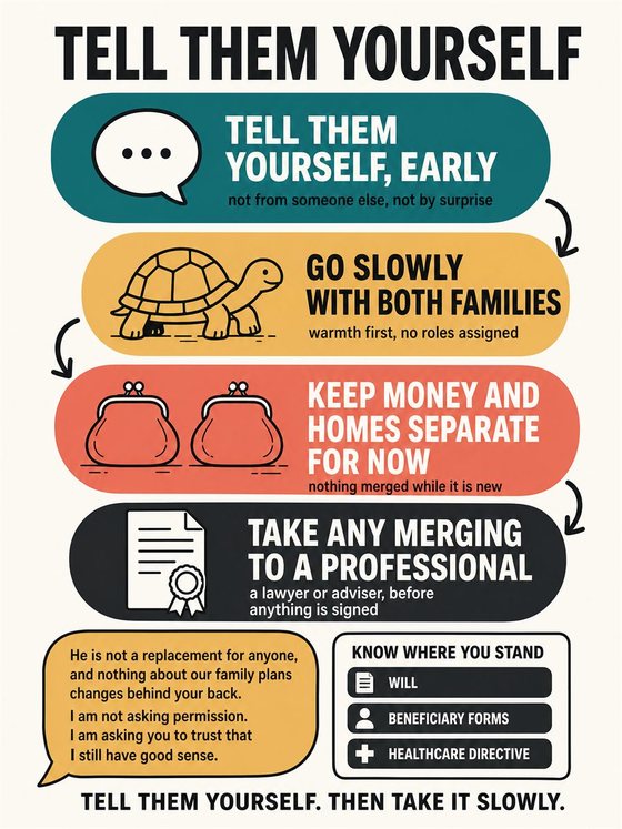 An older adult working through the practical decision represented by “blended families, commitment, and future planning,” using a clear sequence, supportive environment, and realistic everyday tools.