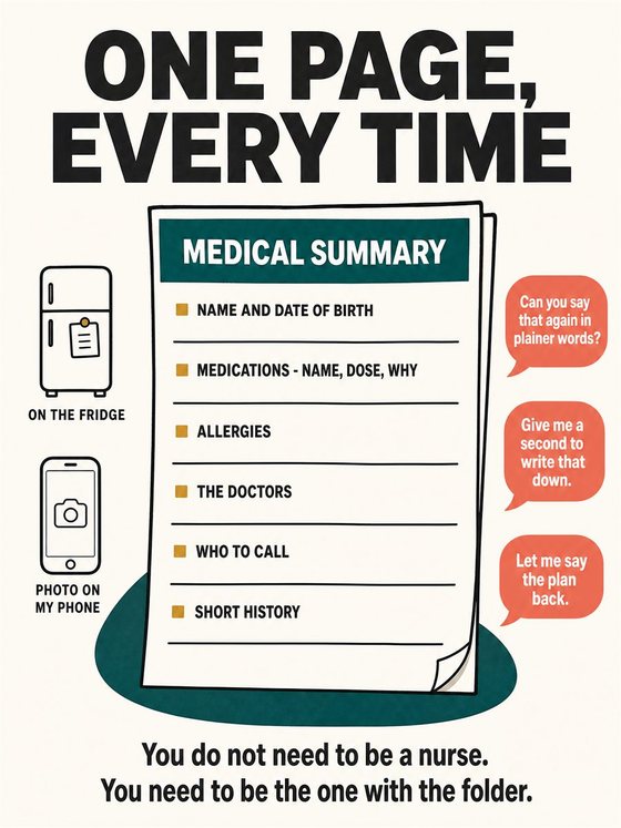 An older adult preparing questions and a concise information sheet before a medical appointment, without diagnostic imagery.