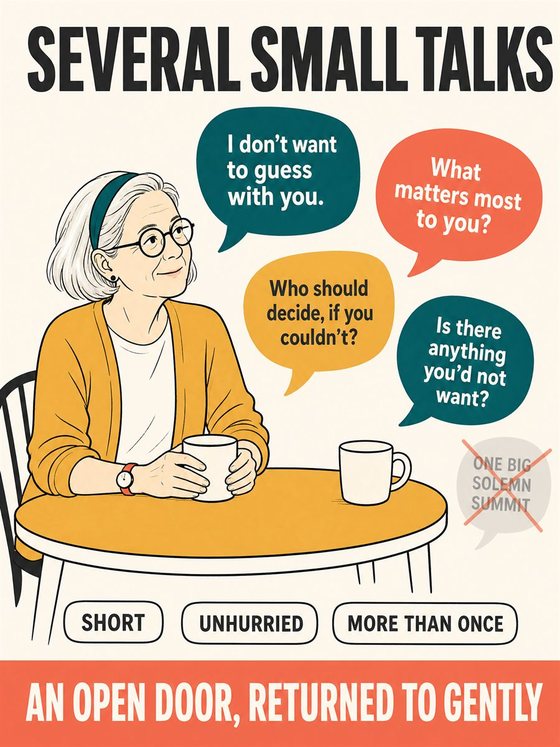 Two people having a calm face-to-face conversation with open posture, a clear request, and respectful listening.
