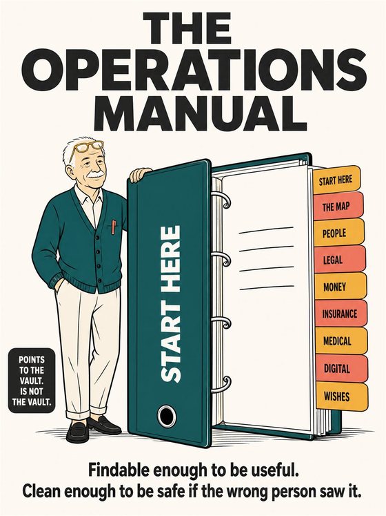 An organized household table with important documents, keys, phone, and a continuity binder, no readable private information.