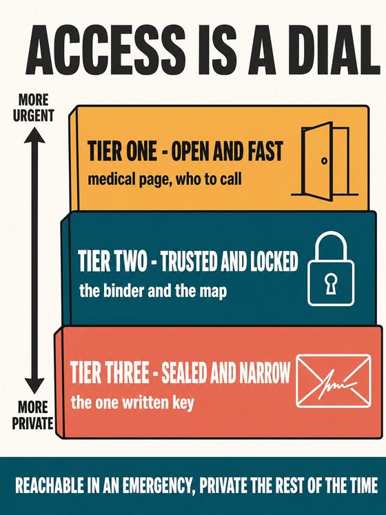 An older adult working through the practical decision represented by “emergency access without sacrificing privacy,” using a clear sequence, supportive environment, and realistic everyday tools.