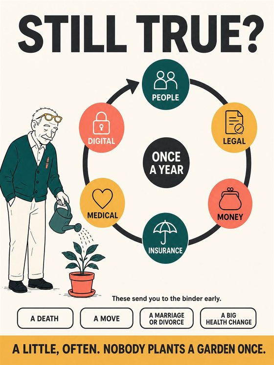 An older adult working through the practical decision represented by “a yearly life-administration review,” using a clear sequence, supportive environment, and realistic everyday tools.