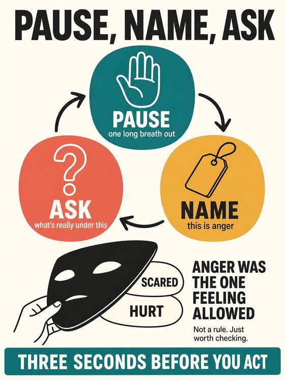 An older adult naming emotions and choosing support, shown with calm body language and non-stigmatizing symbolism.
