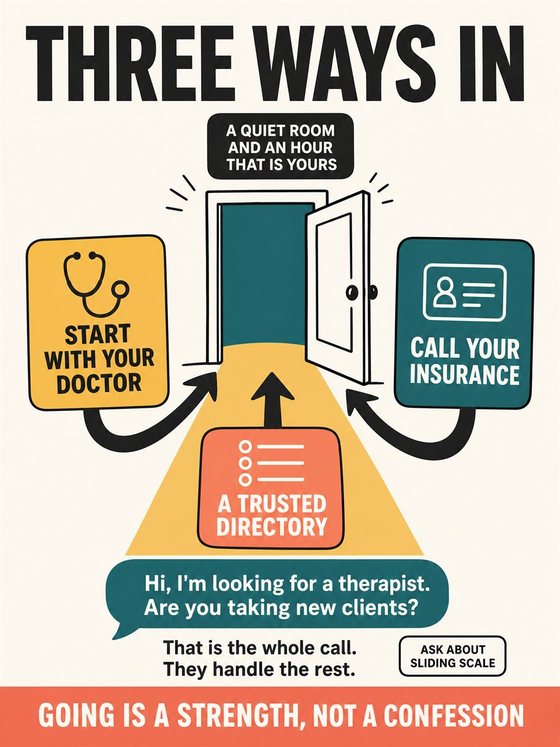 An older adult working through the practical decision represented by “professional help without shame,” using a clear sequence, supportive environment, and realistic everyday tools.