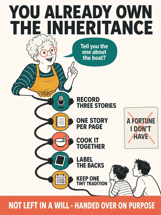 An older adult working through the practical decision represented by “traditions, stories, and the legacy you actually give,” using a clear sequence, supportive environment, and realistic everyday tools.