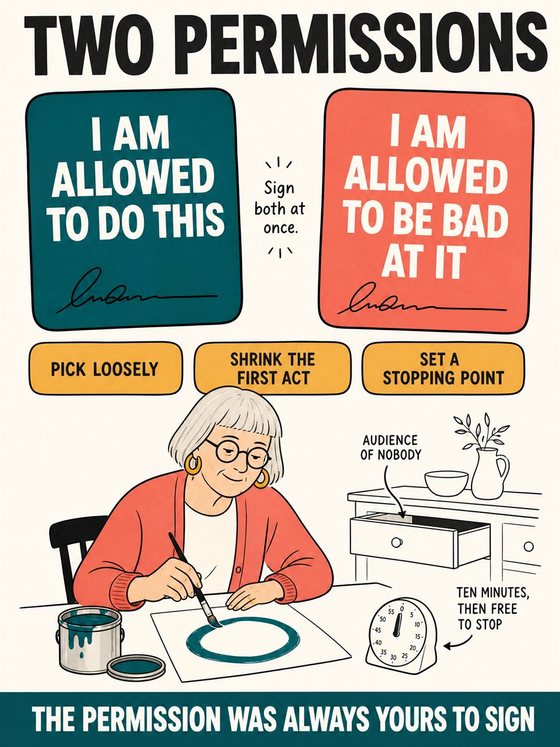 An older adult working through the practical decision represented by “permission to begin,” using a clear sequence, supportive environment, and realistic everyday tools.