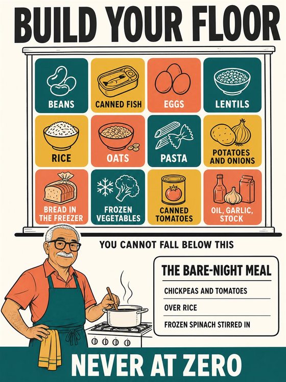 An older adult preparing a practical, colorful meal for one or two with accessible ingredients and an uncluttered workspace.