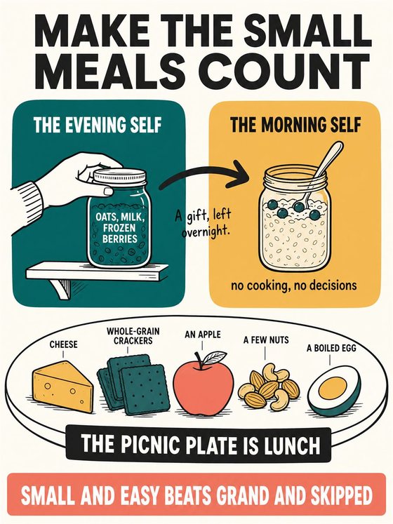 An older adult working through the practical decision represented by “breakfasts and lunches that count,” using a clear sequence, supportive environment, and realistic everyday tools.