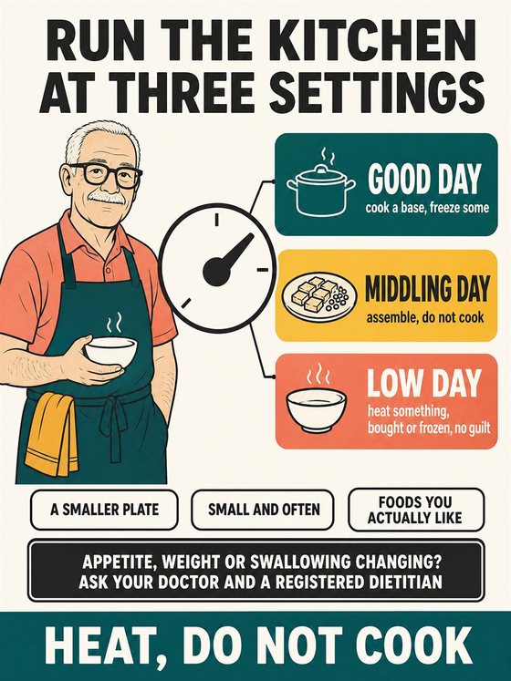 An older adult preparing a practical, colorful meal for one or two with accessible ingredients and an uncluttered workspace.