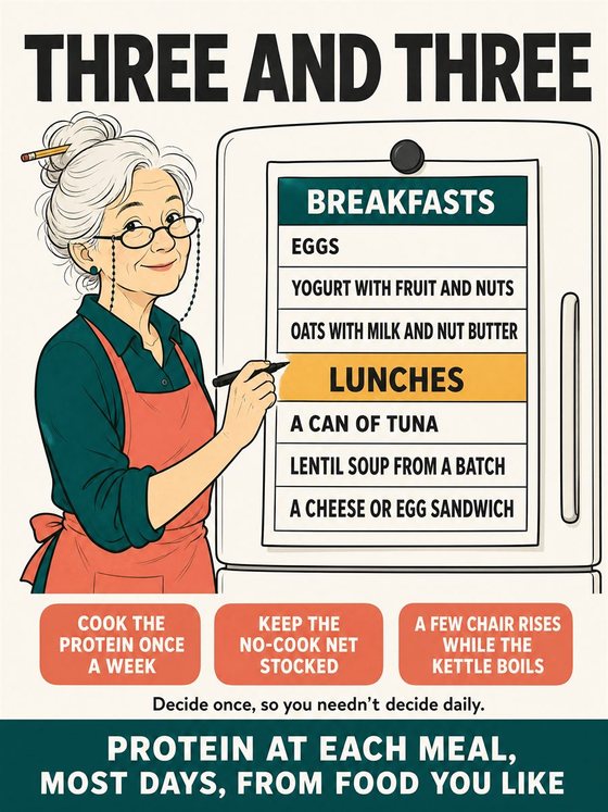 An older adult preparing a practical, colorful meal for one or two with accessible ingredients and an uncluttered workspace.