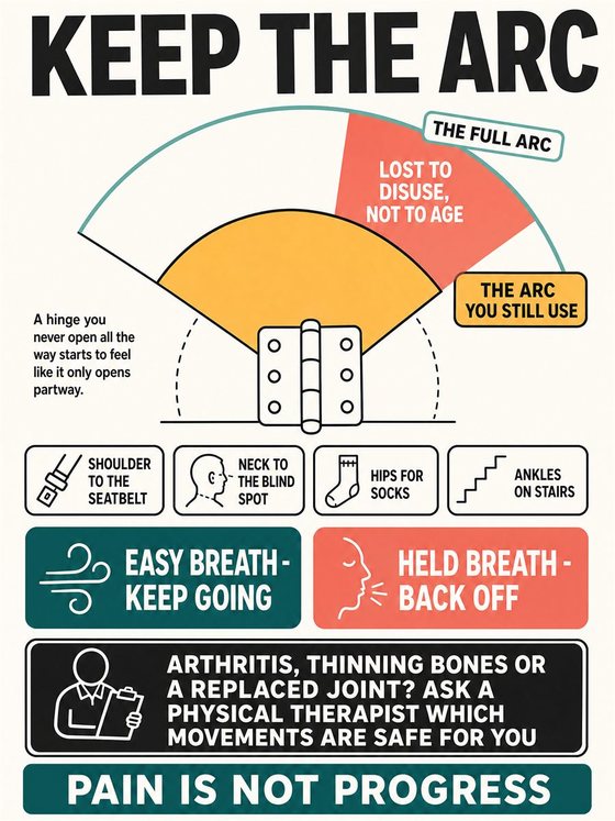 An older adult performing a safe functional movement near sturdy support in a bright home or community setting.