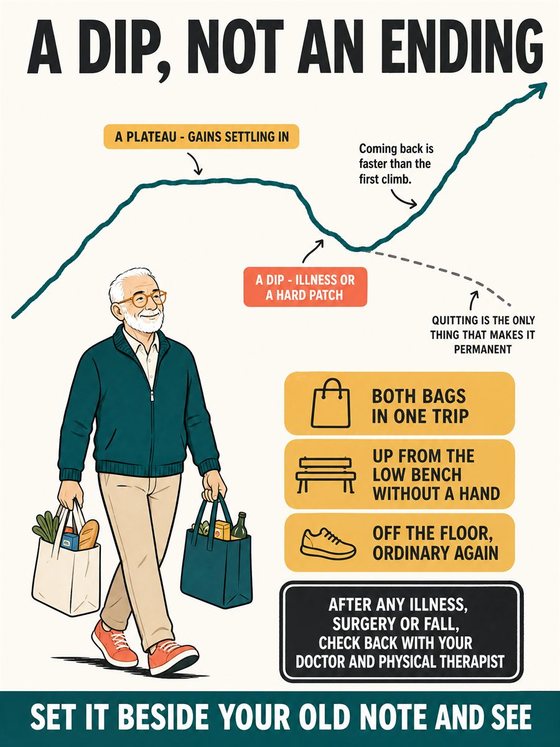 An older adult working through the practical decision represented by “progress, setbacks, and the long game,” using a clear sequence, supportive environment, and realistic everyday tools.